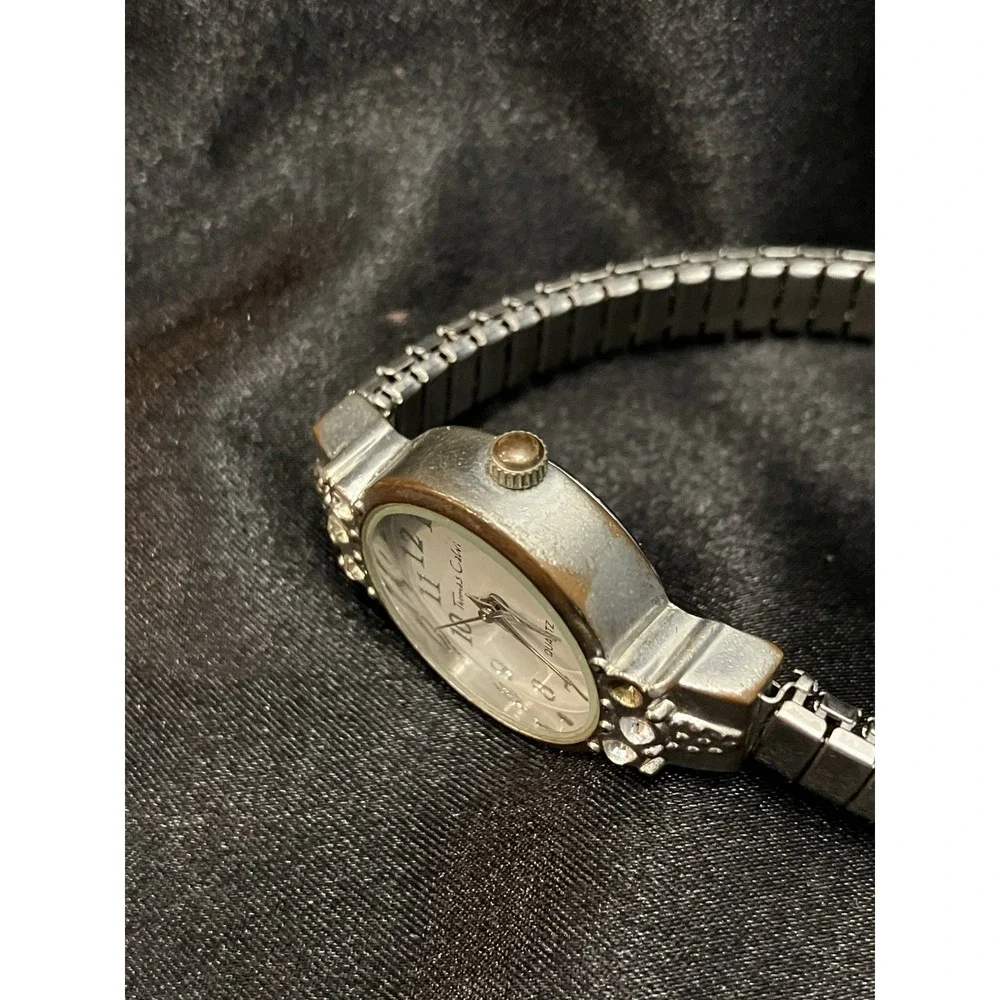 Thomas Calvi Quartz Crystal Rhinestone Bezel VTG Women’s Watch Silver Tone Works